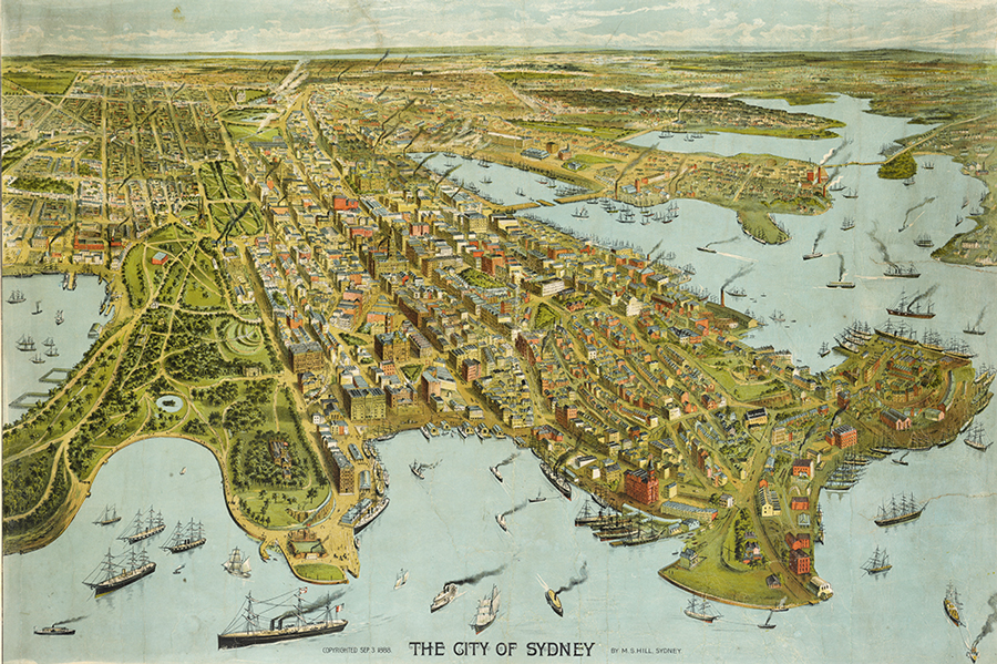 Vista aérea de Sydney. Ilustración, 1888. (Créditos: State Library of New South Wales).