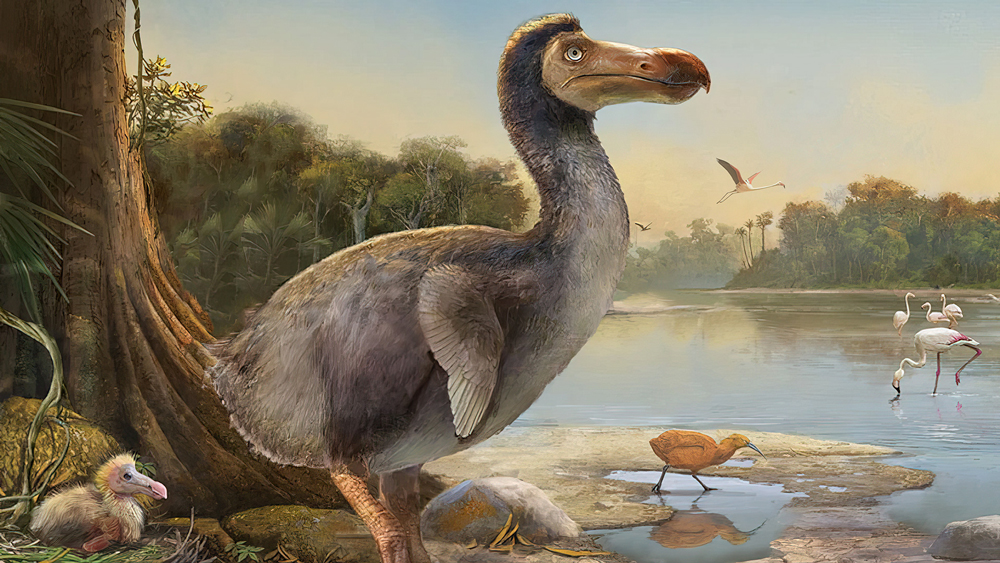 Ilustración del Dodo con su polluelo en su hábitat.